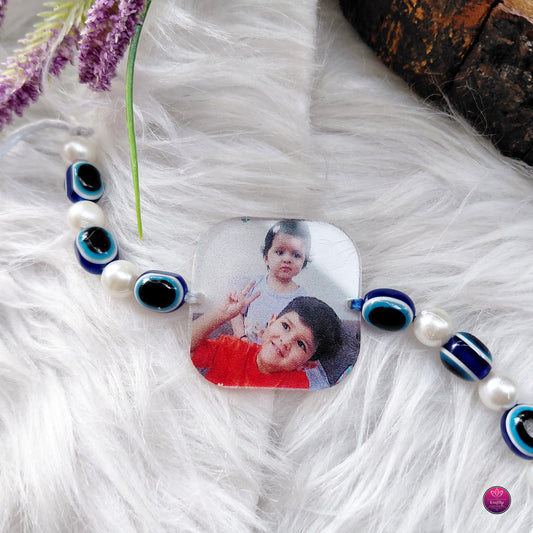 Personalized Acrylic Photo Rakhi Evil Eye Beads- Custom Picture Rakhi