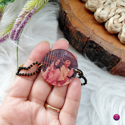 Personalized Acrylic Photo Rakhi Black Beads Bracelet- Custom Picture Mangalsutra Bhabhi Rakhi