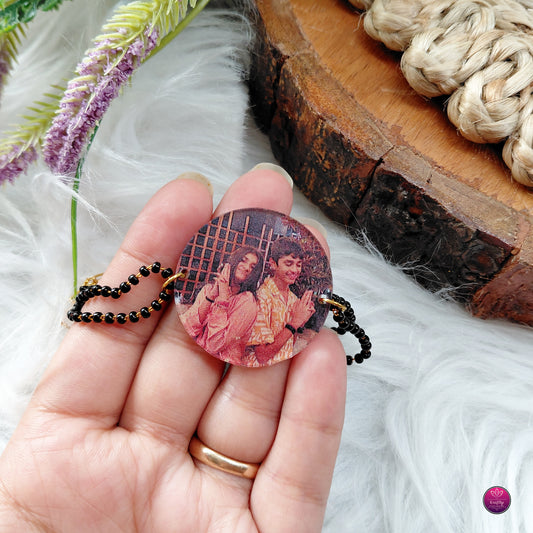 Personalized Acrylic Photo Rakhi Black Beads Bracelet- Custom Picture Mangalsutra Bhabhi Rakhi