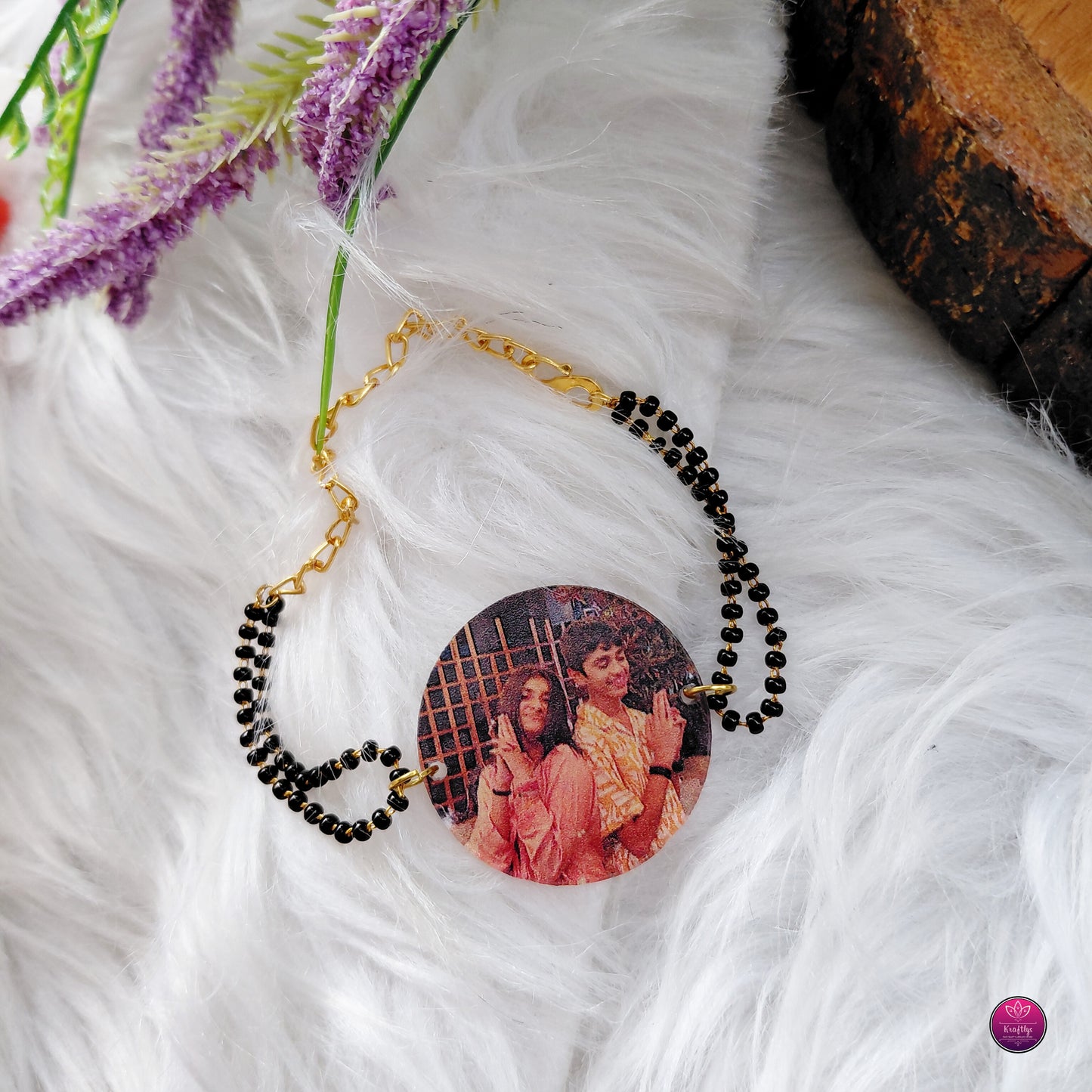 Personalized Acrylic Photo Rakhi Black Beads Bracelet- Custom Picture Mangalsutra Bhabhi Rakhi