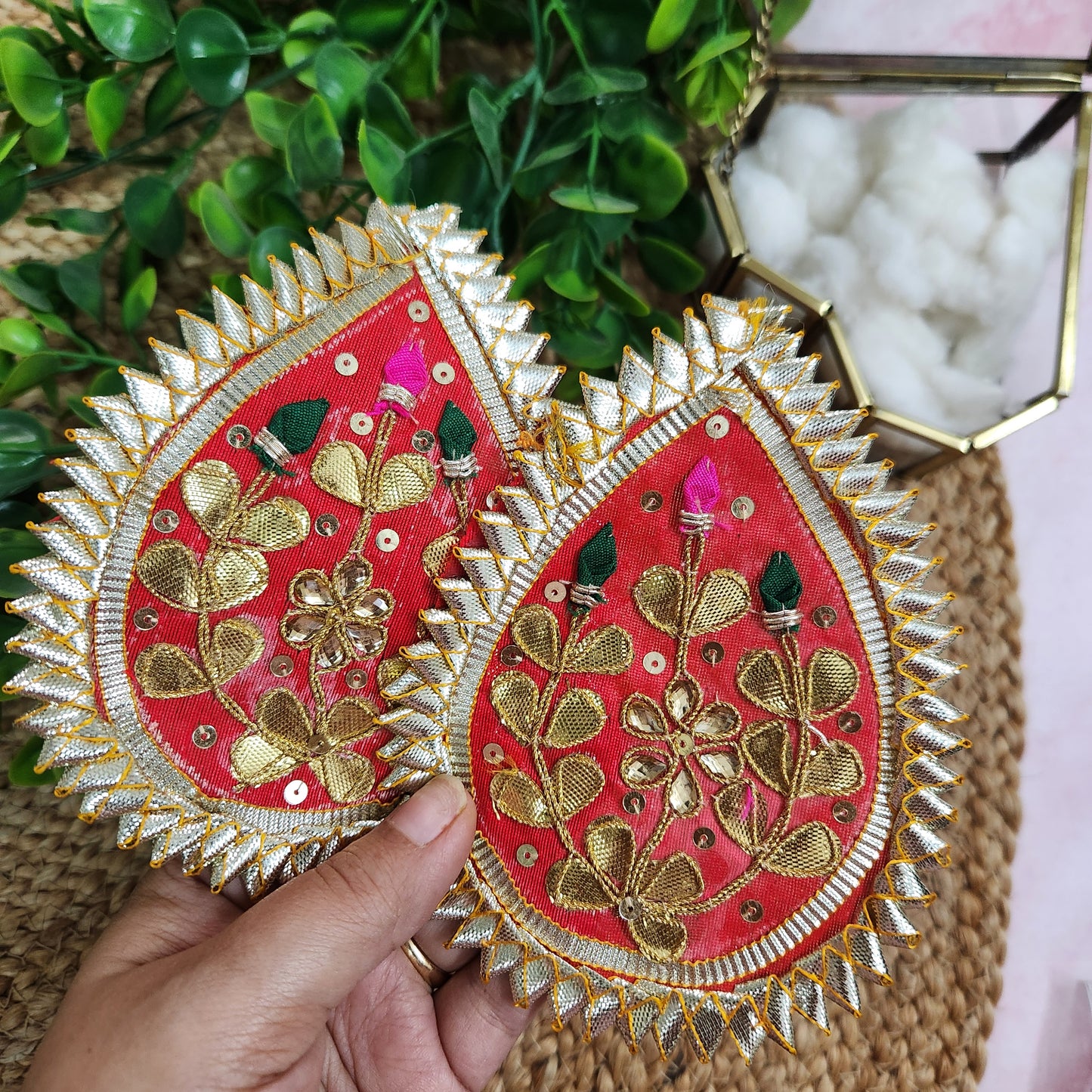 Decorative red and gold embroidered patch for diwali festive decorations