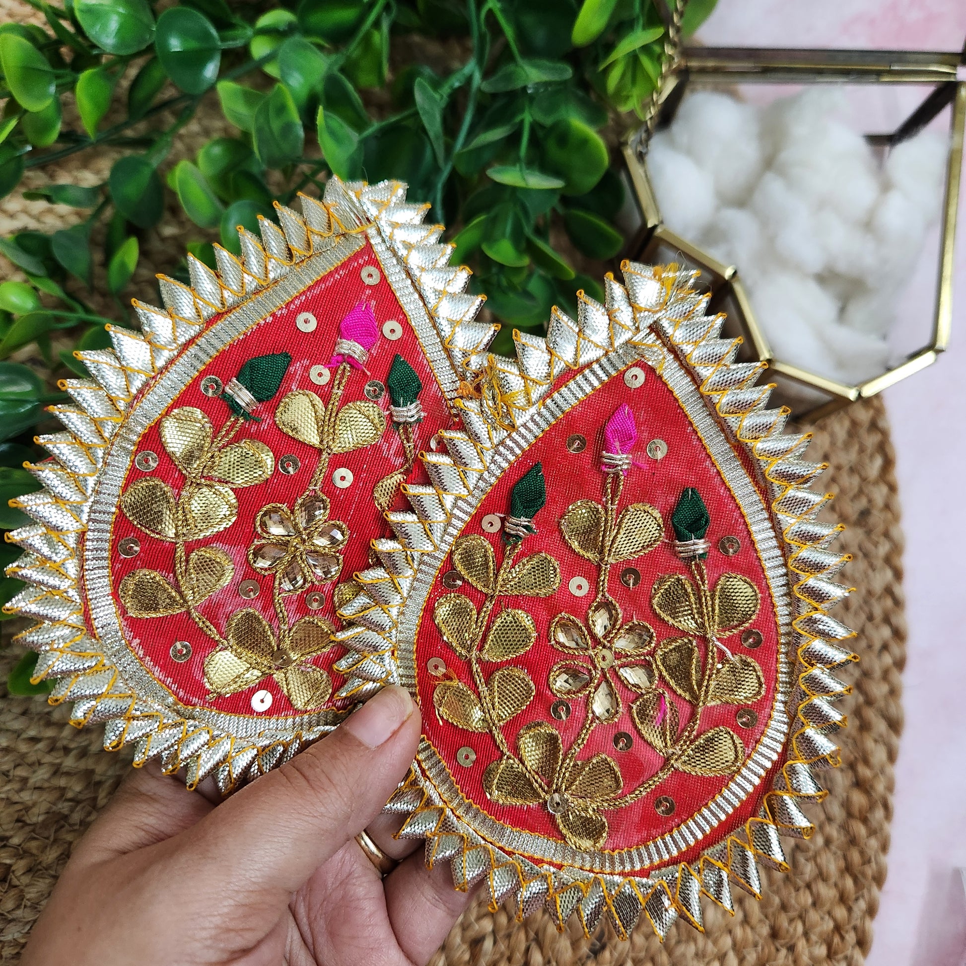Decorative red and gold embroidered patch for diwali festive decorations
