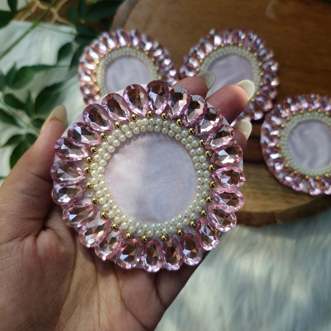 White Pearl Stone Buti Patches 2pc - Handcrafted Floral Crystal Diwali Decorative T Light Holder
