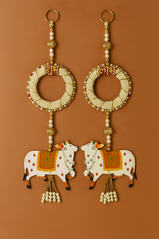 Ethnic MDF Pichwai Cow Shubh Laabh Handmade Decorative Latkan for Diwali – Door Hanging Toran for Festive Home Décor